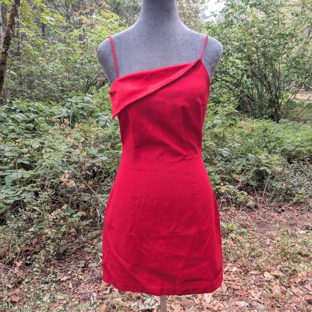 Vintage 90s Red Sheath Party Dress S Sculptural Asymmetric Mini Spaghetti Strap